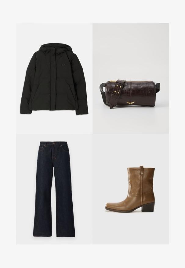 Doudoune noire avec capuche, fermeture éclair à l'avant, deux grandes poches avant et un petit logo sur la poitrine. Fabriquée à partir d'un matériau souple et isolant.; Haut à manches longues, beige clair avec un col rond. Fait dans un tissu doux, il présente une couture centrale et un ourlet légèrement courbé. Pas de métal visible.; Jeans larges bleu foncé en denim, avec des coutures orange, deux poches avant et une fermeture à bouton à la taille.; Bottine en cuir marron avec un orteil carré, une finition texturée et un petit talon empilé. Présente une languette à l'arrière et des détails de couture subtils.; Sac en cuir embossé crocodile marron avec une forme cylindrique, quincaillerie dorée et une bandoulière détachable ornée de clous.