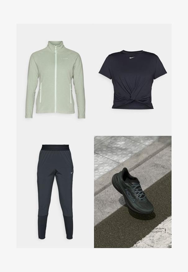 Icepeak BRAWLEY - Fleecejacka - aloe; Svart atletisk t-shirt i mjukt tyg, med en knuten framdesign och en liten vit Nike-logga på bröstet.; Nike träningbyxor i mörkgrått, med en tapered ben-design, elastisk midja och accentdetaljer nära muddarna.; Svart löparskor med mesh-overtäckning, strukturerade detaljer och logotyp, med en dämpad sula och grå snören, placerade på asfalt.