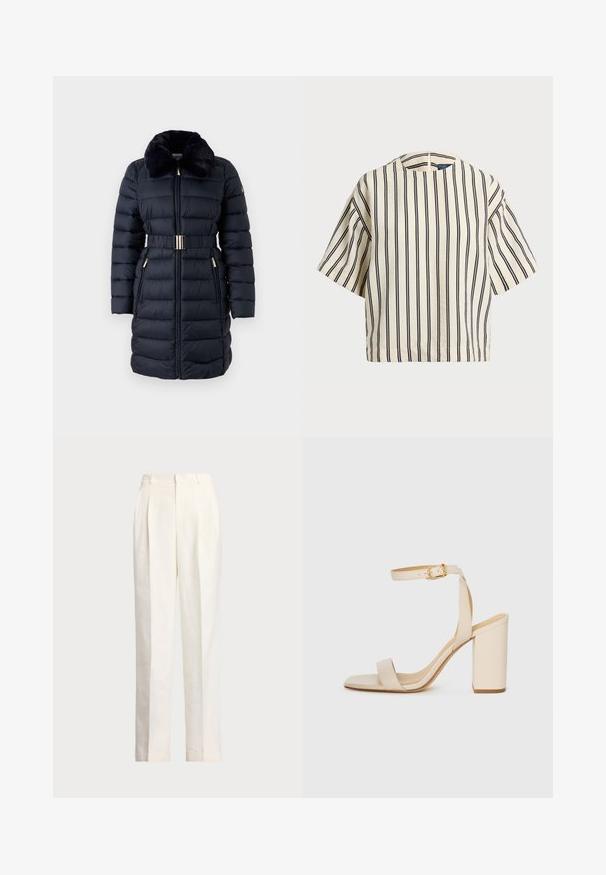 Casaco acolchoado azul-marinho com colarinho de pelo sintético, cintura cingida e detalhes em dourado. Apresenta bolsos com fecho éclair e uma textura acolchoada vertical.; Top de manga curta, riscado em creme e azul marinho, com decote redondo e design boxy em tecido texturizado.; Polo Ralph Lauren HEMP WIDE LEG PANT - Calças - nevis; Sandalha de salto alto bege com bico quadrado, tira fina no tornozelo e salto bloco. Textura de couro suave com detalhe de fivela dourada.