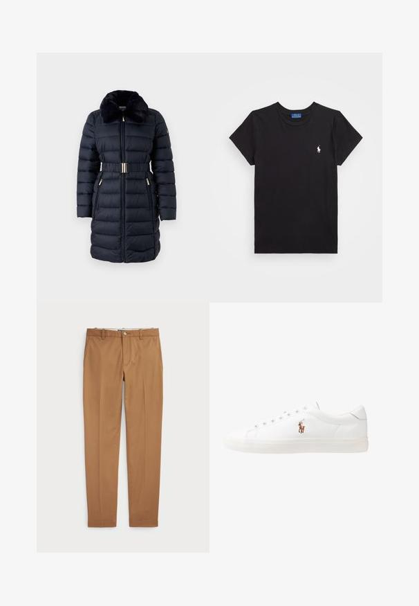 Manteau rembourré bleu marine avec un col en fausse fourrure, taille ceinturée et accents dorés. Comprend des poches zippées et une texture à côtes verticales.; T-shirt en coton noir avec un col rond, des manches courtes et un logo brodé blanc sur la poitrine gauche. Texture lisse, design décontracté.; Pantalons en coton marron au design ajusté, devant plat et poches standard ; texture lisse et ourlets finis.; Baskets en cuir blanc, design bas, avec une texture lisse, bout rond, lacets à l'avant et un petit logo brodé sur le côté.