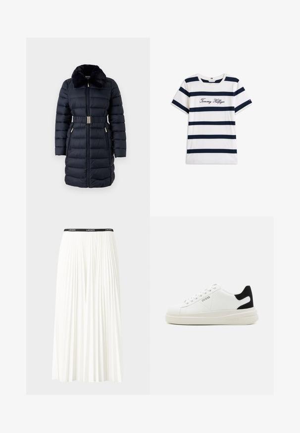 Gesteppten marineblauen Mantel mit einem Kunstpelzkragen, tailliertem Bund und goldenen Akzenten. Verfügt über Reißverschlusstaschen und eine vertikale Stepptextur.; Baumwoll-T-Shirt mit horizontalen navy-blauen Streifen auf weißem Hintergrund. "Tommy Hilfiger" in Kursivschrift auf der Brust gestickt. Runder Halsausschnitt.; Faltenrock aus Weiß mit einem schwarzen elastischen Bund, der das "LACOSTE"-Logo trägt. Mittellanges Design mit weicher Textur.; Weiße Leder-Sneaker mit einer dicken weißen Sohle, schwarzem Wildlederakzent an der Ferse und geprägtem Logo an der Seite. Schnürdesign mit sechs Ösen.