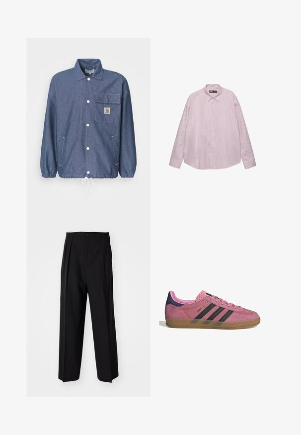 Jeans jakna v temno modri barvi z gumbom na sprednji strani, žepom na prsih, elastičnimi manšetami, vrvico na robu in oznako Carhartt na žepu.; Svetlo roza srajca z gumbi, z navpičnimi modrimi črtami, ovratnikom, dolgimi rokavi in ohlapnim krojem. Izdelana iz gladkega materiala z rahlim leskom.; Črne nabirane hlače s ravnim, širokim krojem. Narejene so iz gladkega materiala in imajo zadrgo ter pasne zanke.; Roza semišna tenisača z črnimi stripe, gumijastim podplatom in teksturiranim vijoličastim petnim delom. Ima vezalni dizajn in embosirano blagovno znamko na strani.