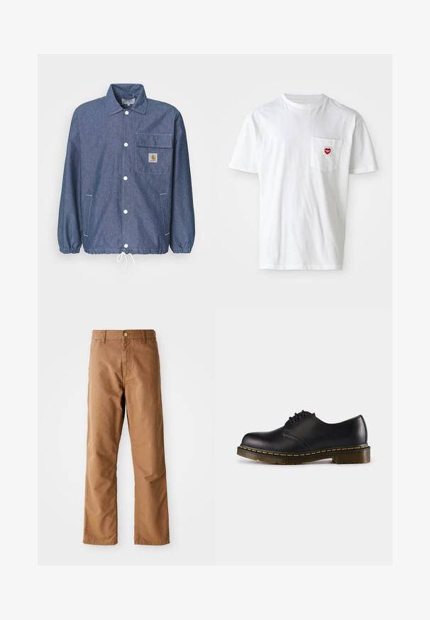 Jeans jakna v temno modri barvi z gumbom na sprednji strani, žepom na prsih, elastičnimi manšetami, vrvico na robu in oznako Carhartt na žepu.; Bela bombažna majica s krožnim ovratnikom in kratkimi rokavi. Ima majhen rdeč srčni logotip na levem žepu.; Rjave hlače ravnega kroja z zankami za pas, sprednjimi žepi, zapiranjem na gumb in zadrgo na belem ozadju.; Črn usnjen čevelj z zaobljenim nosom, zavezovanje z vezalkami, rumena šivanka ob podplatu in masiven, teksturiran gumijast podplat.