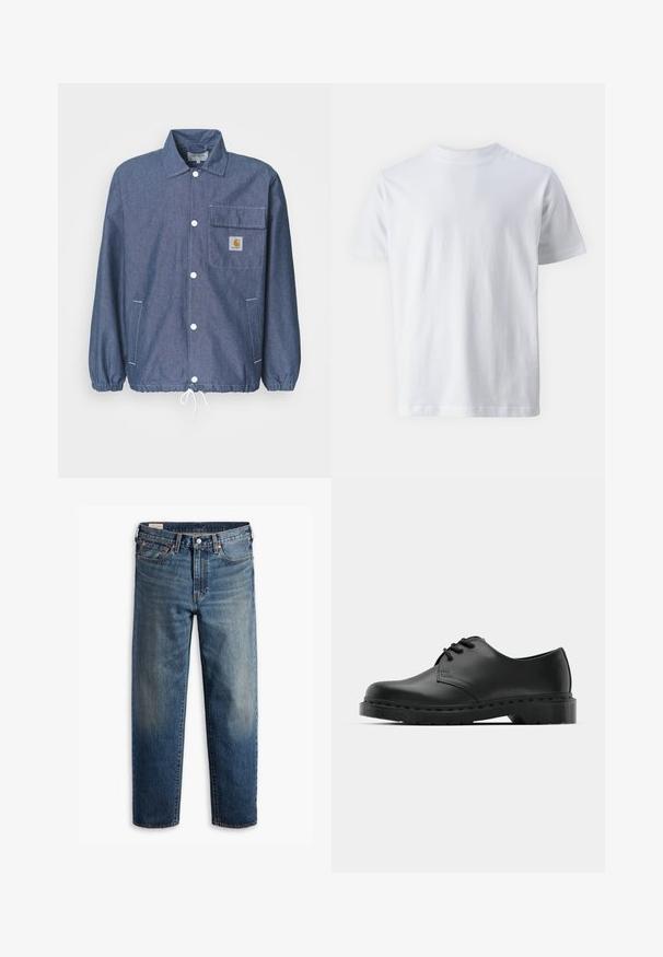 Czarna kurtka dżinsowa w ciemnym odcieniu niebieskiego z zapinanym przodem na guziki, kieszenią na piersi, elastycznymi mankietami, ściągaczem u dołu oraz naszywką z logo Carhartt na kieszeni.; Biały, krótki rękaw t-shirt wykonany z bawełny, z okrągłym dekoltem i gładką teksturą, o prostym kroju i bez wzorów.; Niebieskie dżinsy o prostym kroju z klasycznym pięciopocketowym wzorem, zapięciem na guzik i delikatnym przetarciem na udach i kolanach.; Czarne skórzane półbuty oxford z zapięciem na sznurowadła, zaokrąglonym noskiem, płaską gumową podeszwą oraz subtelnym przeszyciem na cholewce.