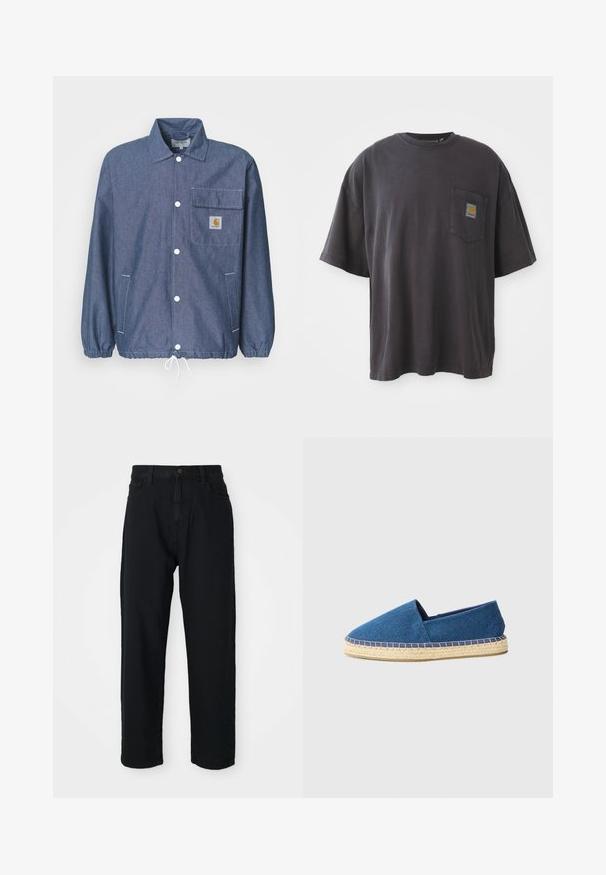 Tamsiai mėlynas džinsinis švarkas su užsegimu mygtukais, krūtine kišene, elastingomis rankovėmis, reguliuojamu apvadu ir Carhartt logotipo etikete kišenėje.; Juodos spalvos medvilnės marškinėliai su trumpomis rankovėmis, apvaliu iškirpimu ir kairėje krūtinės pusėje esančia kišenėle su kvadratine logotipo etikete. Paprastas ir nepuoštas dizainas.; Juodos džinsinės kelnes su tiesiapjūviu. Yra klasikinis penkių kišenių dizainas, mygtukų užsegimas ir subtili audinio tekstūra.; Mėlynos drobės espadrilės su uždara nosimi, jutinė išorė ir siuvinėta apdaila. Lygi audinio tekstūra ir žemas dizainas.
