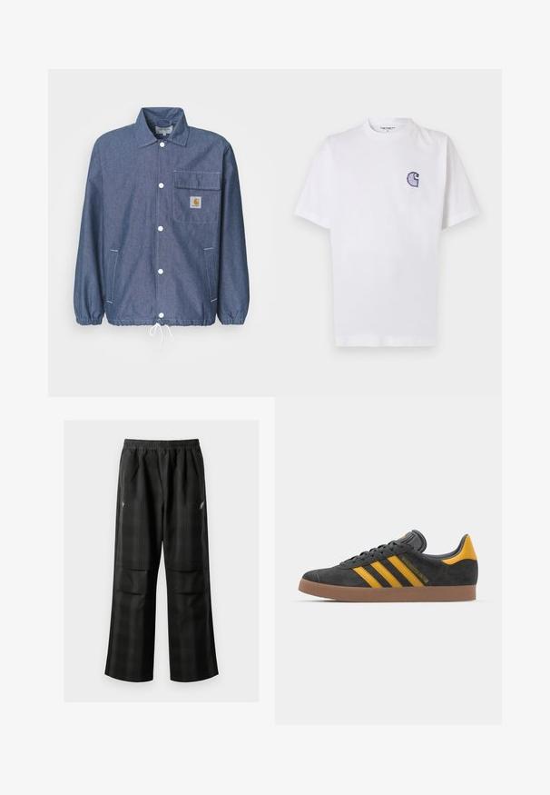 Mørkeblå denimjakke med knaplukning foran, brystlomme, elastiske manchetter, snoretræk i kanten og Carhartt-logo på lommen.; Hvid bomuld t-shirt med korte ærmer, rund halsudskæring og et lille, broderet blåt "C"-logo på venstre side af brystet.; Sorte ternede bukser med elastisk talje, to forlommer og en løs pasform med lige ben. Fremstillet af letvægtsmateriale.; Sort suedet sneaker med gule accenter, der har tre striber og en brun gummisål. Inkluderer en polstret tunge for komfort.