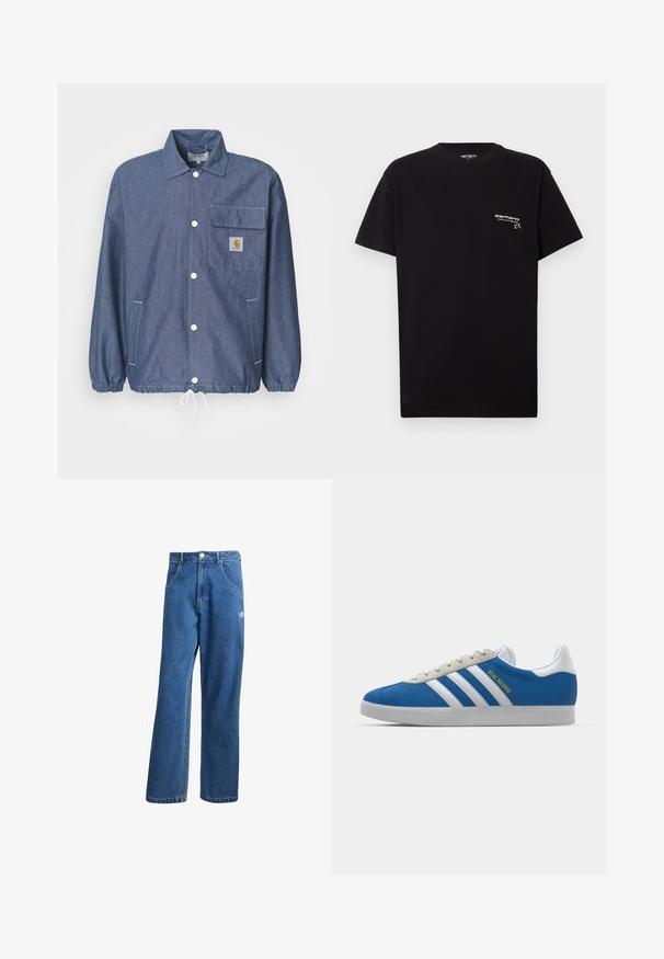 Tumši zilo džinsu jaka ar pogu aizdari, krūšu kabatu, elastīgām aprocēm, auklas apakšmalu un Carhartt logotipa uzšuvi uz kabatas.; Melnas kokvilnas T-krekls ar īsām piedurknēm, apaļu kakla izgriezumu un mazu baltiem logo, kas drukāts kreisajā krūtīs.; Zilas augsta vidukļa platas kāju džinsu bikses ar priekšējiem kabatām, jostas cilpām, pogu aizdari un mazu Adidas logo labajā augšstilbā.; adidas Originals ADIDAS GAZELLE SHOES - Futbola apavi iekštelpām - real madrid/bluebird/footwear white/crew yellow