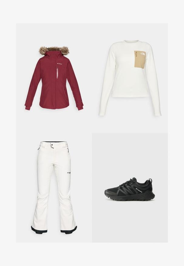 Burgunderfarbene wasserdichte Jacke mit einer Kapuze aus Kunstfell, einem Reißverschluss-Brusttasche und elastischen Bündchen. Hat ein tailliertes Design mit seitlichen Taschen.; Weißes Langarmhemd aus strukturiertem Stoff mit einer beigen aufgesetzten Tasche, die einen Kordelzug und ein Logo trägt.; Weiße Skihosen aus weichem, flexiblem Material. Mit einer taillierten Taille, weiten, ausgestellten Beinen und schwarzem Abschluss an den Säumen. Markenlogo sichtbar.; Columbia PEAKFREAK - Hikingschuh - black