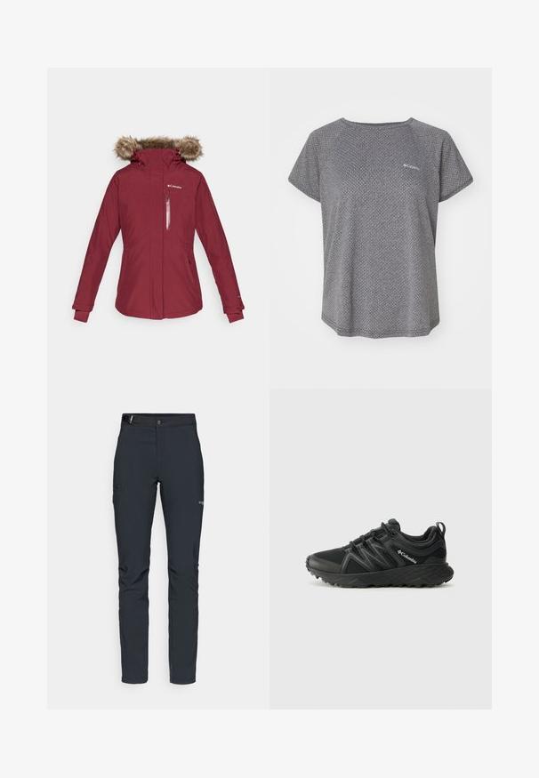 Burgunderfarbene wasserdichte Jacke mit einer Kapuze aus Kunstfell, einem Reißverschluss-Brusttasche und elastischen Bündchen. Hat ein tailliertes Design mit seitlichen Taschen.; Graues Kurzarmshirt mit einem subtilen Strukturmuster, Rundhalsausschnitt und Columbia-Logo auf der Brust. Weicher Stoff, lässige Passform.; Herren Outdoor-Hosen, dunkelgrau, aus flexiblem Material, mit einem Gürtel, Reißverschlusstaschen und verstärkten Nähten.; Columbia PEAKFREAK - Hikingschuh - black