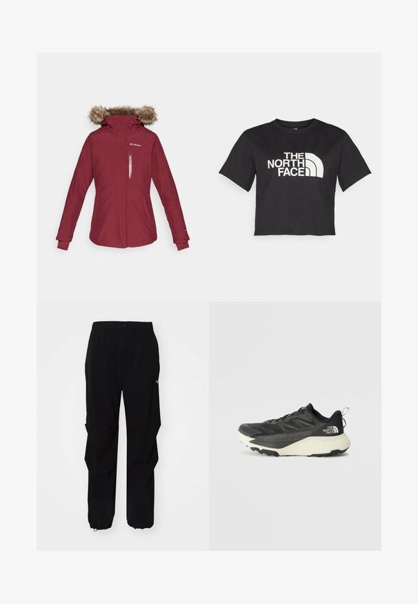 Burgundia veekindel jakk faux karusnaha voodriga kapuutsiga, tõmblukuga rinnakotiga ja elastsete mansettide külge. Omab sobivat disaini küljetaskutega.; Must must kleidend t-särk, millel on valge logo ja kõverad aktsendid, esiküljel tekst "THE NORTH FACE". Lühikesed varrukad, ümar kaelus.; Mustad must outdoor püksid, valmistatud vastupidavast materjalist, millel on mugav lõige, elastne vöökoht ja reguleeritavad varrukaotsad.; Musty mustusjalats musta pealisega, millel on tekstuur, hallid aktsendid ja valge vaheosa. Sisaldab tõmbeosa ning silmapaistvat brändi logo kandadel.