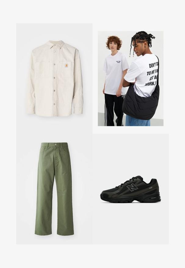 Carhartt WIP WALTER SHIRT SULLIVAN - Lichte jas - natural; Marine blauwe sweatshirt met witte gestreepte ribbels aan de kraag en manchetten, met een beige zak aan de voorkant waarop een geborduurd boomdetail staat.; Olijfgroene wijde broek van katoen. Voorzien van riemlussen, een sluiting met een knop aan de voorkant en zijzakken. Het heeft een gladde textuur.; Zwarte sportieve schoenen met een gestructureerde synthetische bovenkant, uitgerust met een gevoerde zool en een opvallend "N"-logo aan de zijkant. Het ontwerp bevat lichte mesh-secties.; Zwarte, gewatteerde schoudertas met een zachte textuur, gedragen door een persoon in een wit T-shirt met een grafisch ontwerp en vette tekst. Casual outfit met denim.