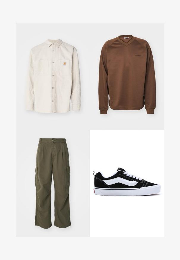 Carhartt WIP WALTER SHIRT SULLIVAN - Skraistė - natural; Rudas megztinis su V formos iškirpte, ilgomis raglaninėmis rankovėmis ir gipiūro iškirpėmis. Krūtinėje yra subtilus siuvinėtas logotipas. Skaidrus audinys.; Olive žalių spalvos krovinių kelnės, pagamintos iš medvilnės, su plačiomis kojomis, raukšlėmis ir šoninėmis kišenėmis praktiškumui.; Juodi suede sportbačiai su baltais akcentais, turintys žemą fasoną, užrišamus raištelius ir storą baltą guminiu padais. Prekės ženklo logotipas ant kulno.