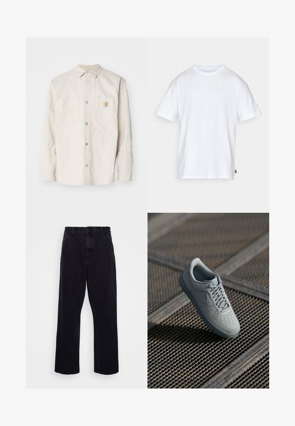 Carhartt WIP WALTER SHIRT SULLIVAN - Letná bunda - natural; Biela bavlnená tričko s krátkymi rukávmi a okrúhlym výstrihom. Obsahuje malé, jemné logo Nike na hrudi a božnú nálepku.; Čierne džínsy s rovného strihu, ktoré majú zapínanie na gombík a zips, pútka na opasok a minimálne švy.; Sivé kožené tenisky s perforovanou špičkou, plochými šnúrkami, polstrovaným golierom a textúrovanou gumovou podrážkou. Obsahujú diskrétny branding.