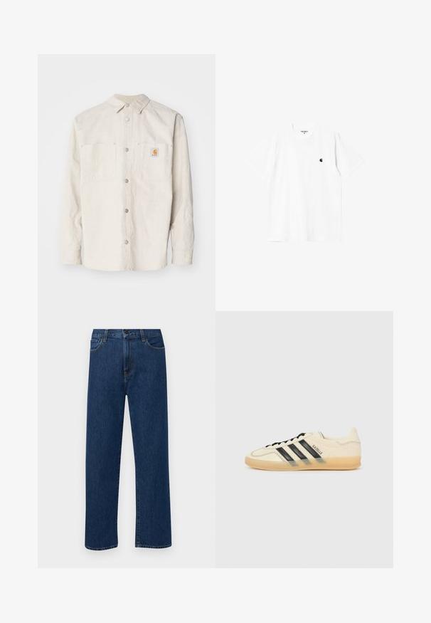 Carhartt WIP WALTER SHIRT SULLIVAN - Sommerjakke - natural; Hvit bomull t-skjorte med korte ermer, rund hals og en liten svart logo på venstre bryst. Myk tekstur og standard passform.; Mørkeblå rette jeans i denim med frontlommer og knappelukking, vist på en enkel hvit bakgrunn.; Lys kremfarget sneaker med svart tre-stripes design, teksturert overdel, rund tå og gummisåle. Har snøring og merke på siden.