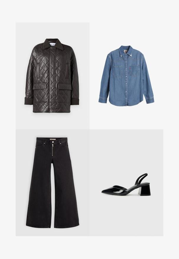 Köpeny varrott barna műbőr kabát, galléros nyakkal, két elülső zsebbel és kötött mandzsettákkal. Lazán, dobozos fazonú.; Világoskék farmering hosszú ujjal, hegyes gallérral, két mellzsebbel és kontrasztos varrással. Nyugati stílusú yoke mintázattal rendelkezik.; Fekete denim széles szárú farmer, cipzáros elejével, öt zsebes kialakítással és diszkrét varrással. Sima textúra és laza stílus.; Fekete lakk bőr szandálkés magas sarkú cipő, hegyes orral és geometrikus tömbsarkakkal. Karcsú, minimalista dizájn és sima textúra jellemzi.