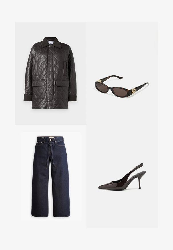 Kvaliteetne pruun kunstnahast jakk, millel on kraega kaelus, kaks esi-taskut ja kootud mansetid. Omab lõdva ja karbikujulist siluetti.; Sinine triibuline nööpidega särk, millel on krae, pikad varrukad ja kumer alläär. Kangas näib olevat sile ja kerge. Ees nööpidega sulgemine.; Laiad joped tumeda sinise denimi ja kõrge taljega, millel on paela kinni tõmbamise võimalus, viis taskut ja kontrastsete õmblustega detailid.; Kare kõrge kontsaga king, läikiv tumepruun lakknahast, terava nina, avatud külgedega ja reguleeritava pahkluuringiga.; Kilpkonnakilbi stiilis prillid piklik-ovaalsete läätsede, pruunika tooniga, kuldsete logo aktsentidega templitel ja elegantsed mustad varred.