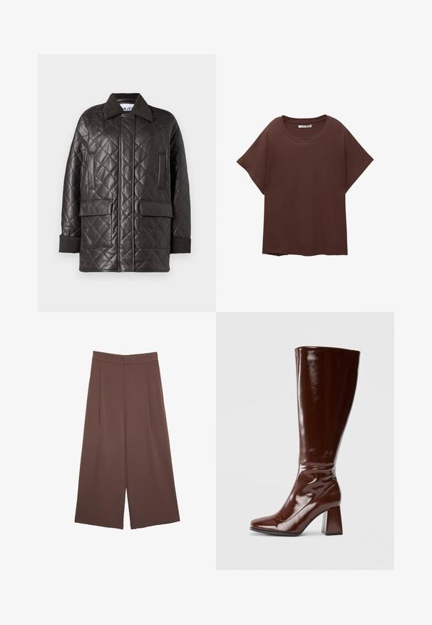 Veste en cuir synthétique marron matelassée avec un col, deux poches avant et des poignets en tricot. Présente une coupe décontractée et ample.; T-shirt oversize marron en coton, avec un col rond, des manches courtes et une coupe décontractée. Texture lisse sans motifs visibles.; Pantalons larges marron avec une texture lisse, dotés d'une taille haute et de plis à l'avant. Le tissu est léger et tombe de manière fluide.; Bottes en cuir verni marron jusqu'aux genoux avec un bout carré, finition brillante et un talon épais pour la stabilité. Design sans couture sans matériel visible.