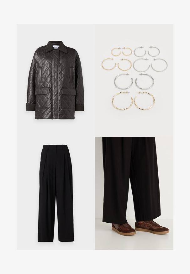 Giacca in finta pelle marrone trapuntata con colletto, due tasche frontali e polsini in maglia. Presenta una vestibilità rilassata e ampia.; Top senza maniche marrone realizzato in tessuto morbido, con spalle arricciate e dettagli arricciati sui lati, scollo senza cuciture e silhouette aderente.; Pantaloni neri a gamba larga realizzati in tessuto morbido, con vita alta, pieghe sul davanti e una silhouette fluida.; Sneaker marroni con un design in materiali misti, dettagli in suede e stampa rettile, punta rotonda, chiusura con lacci e suole in gomma testurizzata.; Set di dodici orecchini a cerchio in tonalità argento e oro. Include design attorcigliati, lisci e testurizzati con varie dimensioni e finiture.