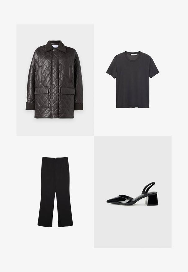 Giacca in finta pelle marrone trapuntata con colletto, due tasche frontali e polsini in maglia. Presenta una vestibilità rilassata e ampia.; T-shirt nera a girocollo realizzata in cotone morbido. Maniche corte, vestibilità rilassata e orlo dritto senza decorazioni né motivi.; Pantaloni neri a gamba dritta, con tasche frontali e spacchi laterali all'orlo. Realizzati in tessuto morbido e liscio. Adatti a diverse occasioni.; Décolleté in vernice nera con punta affusolata e tacco in geometria cubica. Presentano un design elegante e minimalista, con una texture liscia.