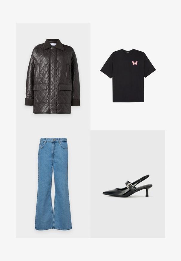 Kvaliteetne pruun kunstnahast jakk, millel on kraega kaelus, kaks esi-taskut ja kootud mansetid. Omab lõdva ja karbikujulist siluetti.; Must muströöpidega must puuvillane T-särk, vasakul rinnal on väike roosa liblikas. Ümar kaelus ja vabalt istuv lõige.; Heledad sinine flared teksade rõivad, millel on kõrge talje, viis taskut ja üks nupulukk. Pehme tekstuur ja pleekinud viimistlus.; Mustad patenteeritud nahast sildiga kontsad, millel on terav nina ja väike plokk-konts, mille rihmal on hõbedane pandla aksessuaar.