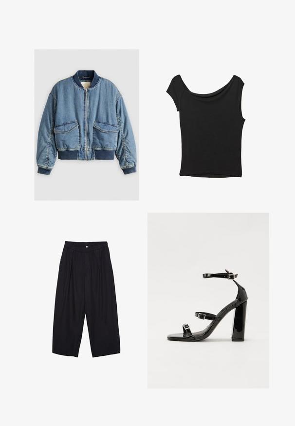 Denim bomberska jakna z ribanim ovratnikom in manšetami, sprednjim zapiranjem na zadrgo in dvema velikima žepoma. Mehka, rahlo teksturirana modra tkanina.; Črna kratka majica s kratkimi rokavi iz gladkega blaga; ima drapiran izrez in asimetrično spodnjo rob, s prilegnjenim telesom.; Črne poliesterske culotte hlače z elastičnim pasom, dvema sprednjima nabiranjema in ohlapnim krojem. Brez vidnih vzorcev ali kovinskih detajlov.; Črne lakirane sandale s peto, kvadratnim prstom, trakovi okrog gležnja in srebrnimi zaponkami. Opremljene so s stabilno Debelo peto.