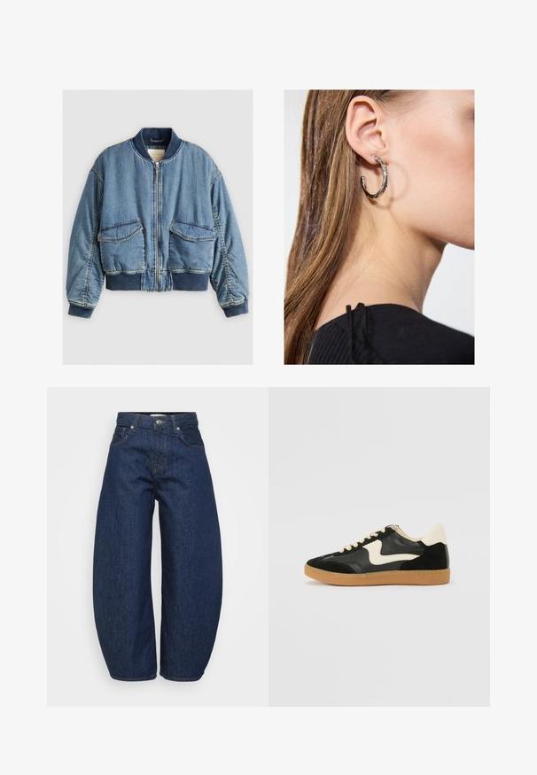 Denim bomberjack met een geribde kraag en manchetten, een rits aan de voorkant en twee grote opgestikte zakken. Zachte, licht gestructureerde blauwe stof.; Even&Odd Petite 2 PACK - Top - light grey/black; Hoge taille donkerblauwe denim jeans met wijde benen, voorzijde met knoop en ritssluiting en klassiek vijf-pocket ontwerp.; Zwarte suède en leren sneaker met een crèmekleurige zij-swoosh en lichte crèmekleurige hiel. Voorzien van beige veters en een gumrubberen zool.; Zilveren oorbel met een gepolijste afwerking, met kleine gouden accentdetails en een ronde vorm, gedragen op de oorlel.