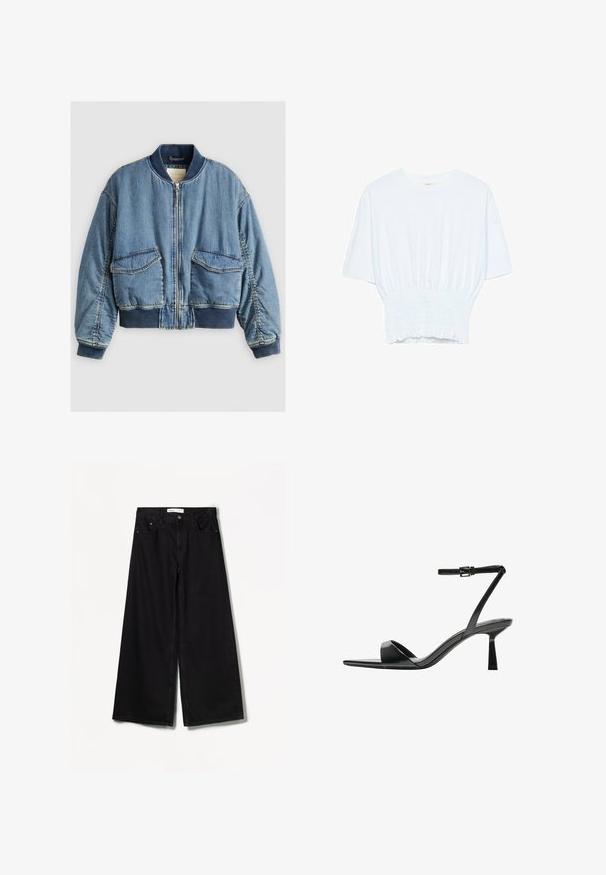Denim bomberska jakna z ribanim ovratnikom in manšetami, sprednjim zapiranjem na zadrgo in dvema velikima žepoma. Mehka, rahlo teksturirana modra tkanina.; Bela majica s kratkimi rokavi sproščenega kroja in z gubanim materialom na pasu. Narejena iz mehkega, lahkega blaga.; Bershka WIDE-LEG - Široke hlačnice - black; Bershka Sandali z visoko peto - black