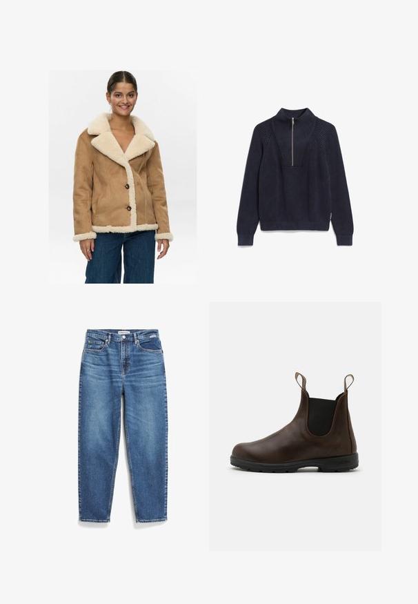 Nümph NUELIOTTA REVERSIBLE - Winterjas - cognac; Marineblauwe geribbelde trui met lange mouwen en een kwart-rits kraag, met een gestructureerd schouderontwerp aan de voorkant.; Lichtbeige T-shirt met korte mouwen, gemaakt van zacht materiaal, met een ronde hals en een rechte snit. Label zichtbaar aan de onderkant links.; Blauwe denim jeans met een rechte pijpdesign, vijf zakken en subtiele vervaging. Heeft een knoopsluiting en contrasterende stiksels.; Bruine leren enkellaars met elastische zijkanten, trekriempjes en een getextureerde rubberen zool. Heeft een slank, rond te ontwerp.