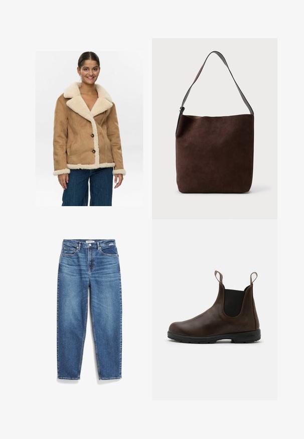 Nümph NUELIOTTA REVERSIBLE - Winterjas - cognac; Lichtbeige T-shirt met korte mouwen, gemaakt van zacht materiaal, met een ronde hals en een rechte snit. Label zichtbaar aan de onderkant links.; Blauwe denim jeans met een rechte pijpdesign, vijf zakken en subtiele vervaging. Heeft een knoopsluiting en contrasterende stiksels.; Bruine leren enkellaars met elastische zijkanten, trekriempjes en een getextureerde rubberen zool. Heeft een slank, rond te ontwerp.; Bruine suede schoudertas met een gladde textuur en een enkele verstelbare schouderband; beschikt over een minimalistisch ontwerp en subtiele branding aan de voorkant.