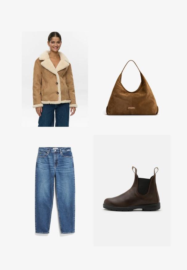 Nümph NUELIOTTA REVERSIBLE - Winterjas - cognac; Lichtbeige T-shirt met korte mouwen, gemaakt van zacht materiaal, met een ronde hals en een rechte snit. Label zichtbaar aan de onderkant links.; Blauwe denim jeans met een rechte pijpdesign, vijf zakken en subtiele vervaging. Heeft een knoopsluiting en contrasterende stiksels.; Bruine leren enkellaars met elastische zijkanten, trekriempjes en een getextureerde rubberen zool. Heeft een slank, rond te ontwerp.; Isabel Bernard Honore Grace - Handtas - braun