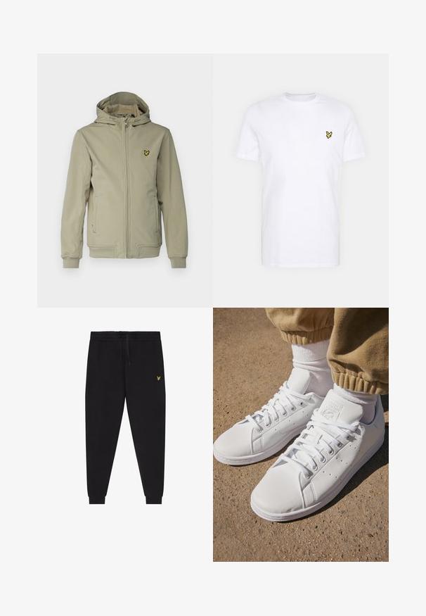 Lyle & Scott Overgangsjakke - sage uniform; Hvid bomulds T-shirt med et lille sort og gult broderet logo på venstre bryst. Korte ærmer og rund halsudskæring.; Sorte joggerbukser med elastisk taljebånd og snøre, afsmalnende ben med manchetter og lille gul broderet logo på højre lår.; Hvide lædersneakers med en glat overflade, der har et klassisk snørebånddesign, perforeringer for åndbarhed og en tekstureret gummisål.
