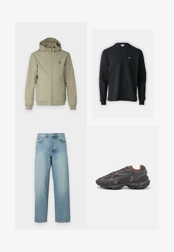 Lyle & Scott Lagana jakna - sage uniform; Crna majica dugih rukava od pamuka, s okruglim izrezom i malim zelenim izvezenim logotipom krokodila s lijeve strane prsnog dijela.; Svijetloplavi traperice s opuštenim krojem, ravnim nogavicama, dizajnom s pet džepova i kopčanjem na gumbe u struku. Minimalistički detalj šivanja.; Lacoste tenisice u tamno sivoj boji s mrežastim i sintetičkim materijalom, s teksturiranom potplatom i smešnim akcentima na ovratniku i brandiranju.