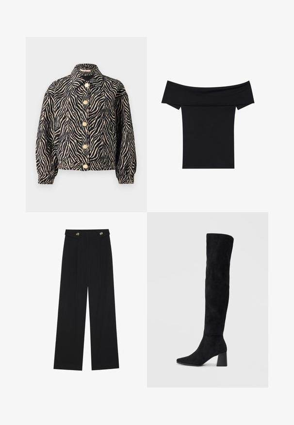 Rue de Femme MAELYNN - Bombera - black; Čierny top bez ramienok vyrobený z mäkkého elastického materiálu. Obsahuje krátke rukávy a priliehavý strih. Jednoduchý, bezšvový dizajn.; Čierne široké nohavice s vysokým pásom, so zapínaním na gombíky na páse a prednými sklady.; Čierna semišová kozačka po kolená s blokovým podpätkom, špicatou špičkou a hladkým, bezšvovým dizajnom na jednoduchom svetlom pozadí.