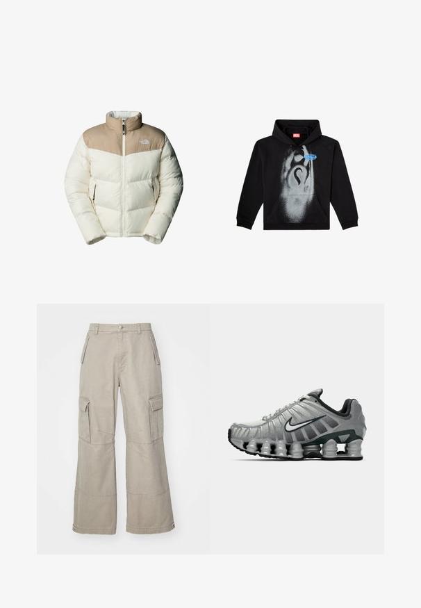 The North Face M SAIKURU JACKET - Vinterjakker - mushroom grey/white dun; Sort hættetrøje lavet af bomuld. Har en frontlomme, snorhuv og et gråt spraymalet design med en blå etikette accent.; Khaki cargo bukser lavet af bomuldsblanding, med brede ben, flere sidelommer og subtile syninger.; Grå og sort Nike løbesko med synlig fjederlignende dæmpning under sålen og et hvidt swoosh-logo på siden.