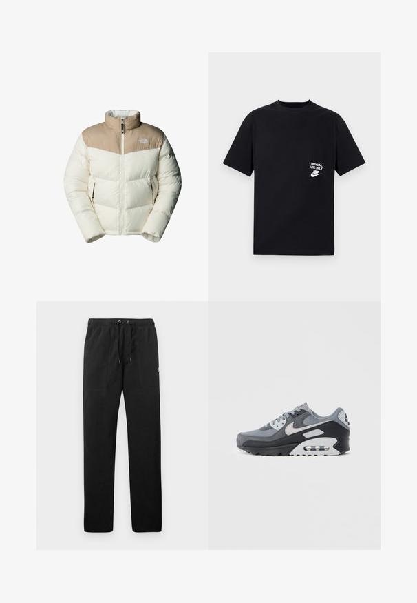 The North Face M SAIKURU JACKET - Winterjas - mushroom grey/white dun; Zwarte katoenen T-shirt met korte mouwen, ronde halslijn, voorzien van witte tekst "ENKEL VOOR OFFICIEEL GEBRUIK" en het Nike-logo op de linkerborst.; Zwarte sweatpants van fleece, met een elastische tailleband met trekkoorden, twee voorzakken en een klein logo op de dij.; Grijze sneaker met een mix van mesh en suède materialen, met een zwarte zool en zichtbare luchtunit. Opvallende lichtgrijze accenten en veters.