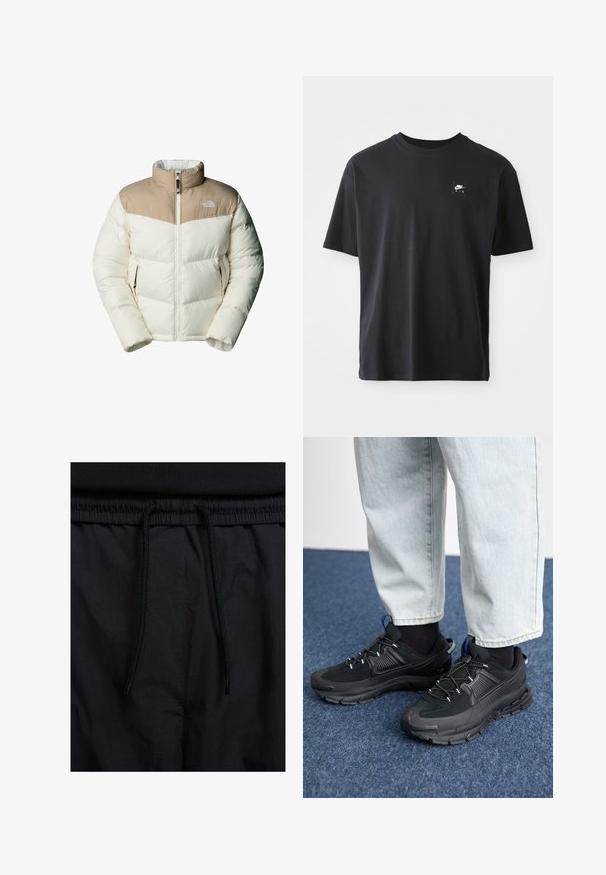 The North Face M SAIKURU JACKET - Winterjas - mushroom grey/white dun; Zwarte katoenen T-shirt met korte mouwen, ronde hals, met een klein rechthoekig logo met "NIKE AIR" in het wit op de linkerborst.; Zwarte shorts met een drawstring tailleband, lichtgewicht stof met een zachte textuur en een eenvoudig ontwerp zonder zichtbare logo's of patronen.; Zwarte sportschoenen met gestructureerde stof en rubberen zolen, met elastische veters en een blauwe accent op de hiel. Draag samen met lichte spijkerbroeken.