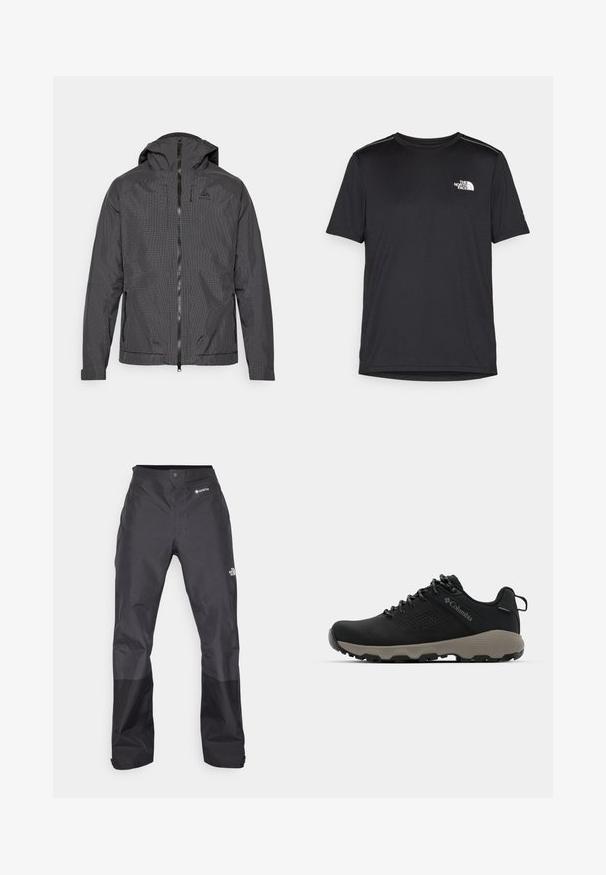 Musta kapuutsiga jakk, millel on ruuduline muster, lukuga edasine sulgemine ja lukuga küljetaskud; tekstureeritud kangas ja reguleeritavad mansetid sobivuse saavutamiseks.; Must mustaöödiga must T-särk, mis on valmistatud kerge riidekanga. Esiküljel on vasakul rinnal väike valge logo ning õlgadel on peened aktsendid.; Mustad vettpidavad püksid, millel on sile tekstuur, ees GORE-TEX logo ja tugevdatud alumised jalad vastupidavuse tagamiseks.; Mustad matkajalanõud musta ülemise osaga, sileda pinnaga, perforatsiooni disainiga, hallal väljal ja tugevdatud kontsaga. Omab paelu ja tõmbetaba lihtsaks selga panemiseks.