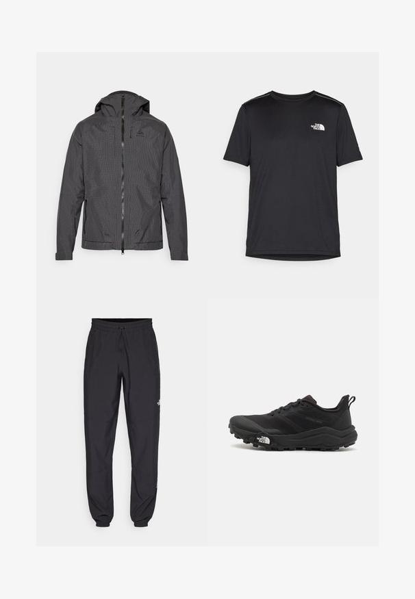 Veste à capuche noire avec un motif à carreaux, fermeture éclair et poches latérales zippées ; tissu texturé et poignets ajustables pour un meilleur confort.; T-shirt noir à manches courtes en tissu léger. Présente un petit logo blanc sur la poitrine gauche et des accents subtils aux épaules.; Pantalon de sport noir en tissu léger, avec une taille à cordon, des poches latérales et des chevilles resserrées.; Chaussure de trail running noire avec une tige texturée, semelle en caoutchouc et bout renforcé. Présente un col rembourré et une tirette pour un enfilage facile.