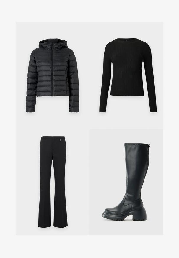 Czarna kurtka puchowa z kapturem, z pikowanym wzorem, zamkiem z przodu i długimi rękawami. Materiał wydaje się gładki i błyszczący.; Czarny, prążkowany, dopasowany sweter z długim rękawem i okrągłym dekoltem, wyeksponowany na jednolitym jasnym tle.; Czarne spódnice dzwony z gładkiego materiału. Średni stan z szlufkami na pasek, gładki przód i mały złoty akcent blisko pasa.; Wysokie czarne skórzane botki z masywną platformą i słupkowym obcasem, z uchwytem i teksturowanym bieżnikiem na podeszwie.