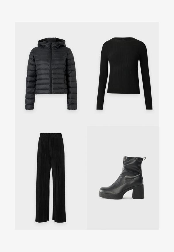 Sort oppustelig jakke med hætte, med quiltet design, frontlynlås og lange ærmer. Materialet ser glat og skinnende ud.; Sort ribbet langærmet tætsiddende sweater med rund halsudskæring, præsenteret på en ensfarvet lys baggrund.; Sorte plisserede bukser med elastisk talje. Har brede ben og et glat, tekstureret stof med lodrette striber.; Sorte ankelstøvler lavet af glat læder, med en sidelukning, kraftig struktureret hæl og rundt tådesign.