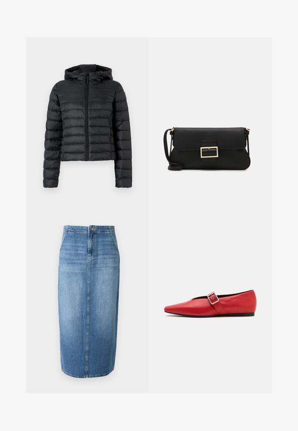 Črna pufasta jakna s kapuco, z prešitjem, sprednjim zadrgo in dolgimi rokavi. Material se zdi gladek in sijoč.; JDY JDYDINEA REVERSIBLE - Pulover - fern; Denim svinčnik krilo v svetlo modri barvi, ki ima raven kroj, sprednje zapiranje na gumbe in subtilno bledenje. Rob krila je tik nad kolenom.; Rdeče usnjene balerinke s koničastim nosom, z bočnim trakom z kovinsko sponko in nizko črno peto. Gladka tekstura po celotni površini.; Črna usnjena torbica na preklop z zlato kovinsko zaponko. Vključuje črn trak in eleganten, minimalističen dizajn.