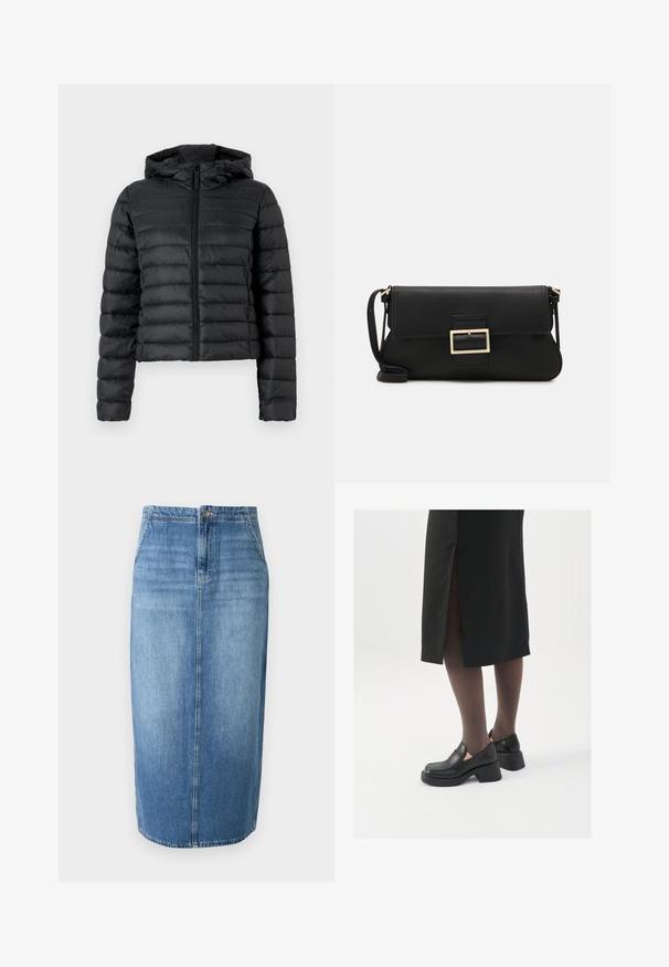 Juodas pūkinis džemperis su kapišonu, turintis siuvinėtą dizainą, priekinį užtrauktuką ir ilgomis rankovėmis. Medžiaga atrodo lygi ir blizgi.; JDY JDYDINEA REVERSIBLE - Džemperis - fern; Šviesiai mėlyna džinsinė pieštuko sijonas su tiesiu siluetu, priekiniais mygtukais ir subtiliu blukimu. Apačia siekia virš kelių.; Juodos odinės bateliai su apvaliu nosiu, stora blokine pakulne ir elastingais šonais, derinami su tamsiomis pėdkelnėmis ir juoda sijonu su plyšiu.; Juodas odinis dėkliukas su atvarteliu ir auksinės metalinės sagties detalėmis. Įeina juodas diržas ir elegantiškas, minimalistinis dizainas.