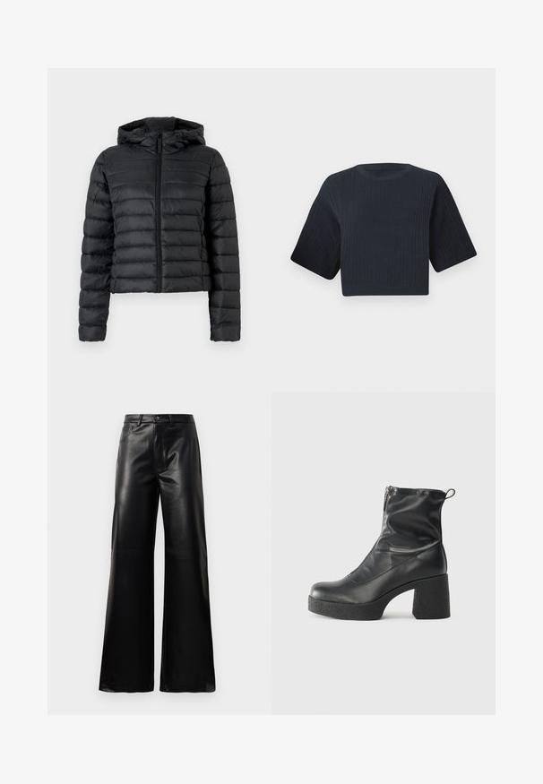 Casaco puffer preto com capuz, apresentando um design acolchoado, fecho frontal com zipper e mangas longas. O material parece suave e brilhante.; Suéter de malha cropped em azul marinho escuro com textura canelada, mangas curtas largas e decote redondo. Design simples, sem padrões ou acentos visíveis.; Calças largas de imitação de couro pretas, de cintura alta, com botão frontal, fecho de correr, passadores de cinto e bolsos laterais sobre fundo branco.; Botas de tornozelo pretas feitas de couro liso, com fecho lateral, salto grosso texturizado e design de bico arredondado.