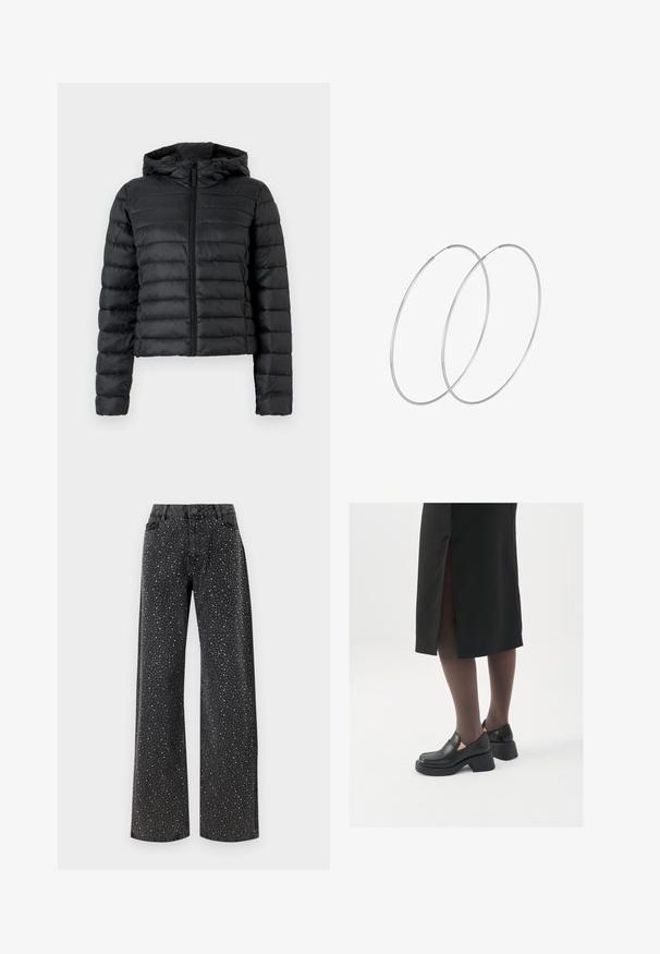 Sort oppustelig jakke med hætte, med quiltet design, frontlynlås og lange ærmer. Materialet ser glat og skinnende ud.; Sort bodysuit med lange ærmer, der har en mesh V-halsudskæring og samlet skulderdetalje. Glat stof med en tætsiddende form.; Noisy May NMJANNEL LOOSE - Jeans Relaxed Fit - black denim; Sorte lædersko med rund tå, kraftig blokhæl og elastiske sideaccentuer, parret med mørke strømpebukser og en sort nederdel med slids.; Sølvøreringe med et minimalistisk design. Cirkulær form, glat tekstur og tynd profil. Letvægtige med en poleret overflade.