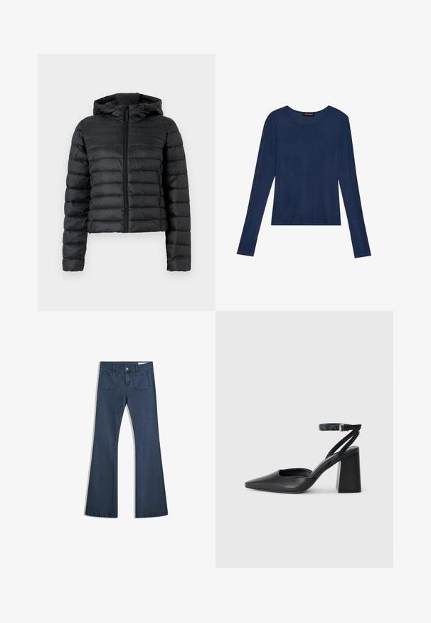 Jachetă puffer neagră cu glugă, cu un design matlasat, fermoar în față și mâneci lungi. Materialul pare neted și strălucitor.; Tricou cu mânecă lungă de culoare bleumarin, dintr-un material moale, cu decolteu rotund și cusături plate pe mâneci, având o croială lejeră.; Jeans din denim de un albastru închis, cu o croială evazată, buzunare cusute, închidere cu nasture și o textură netedă. Are un design clasic cu cinci buzunare.; Pantofii cu toc ascuțit din piele neagră, cu breteaua pentru glezne și toc gros. Textură netedă, design elegant și estetică minimală.