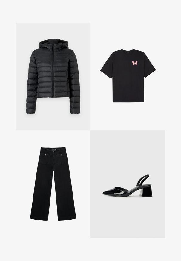 Sort oppustelig jakke med hætte, med quiltet design, frontlynlås og lange ærmer. Materialet ser glat og skinnende ud.; Sort bomulds T-shirt med korte ærmer, prydet med en lille pink sommerfugl grafik på venstre bryst. Rund hals design med en afslappet pasform.; Sorte vidde jeans med høj talje, der har to forlommer og metalknapdetaljer. Stoffet har en glat tekstur.; Sorte patentlæder slingback hæle med spids tå og en geometrisk blok hæl. Har et elegant, minimalistisk design og en glat tekstur.