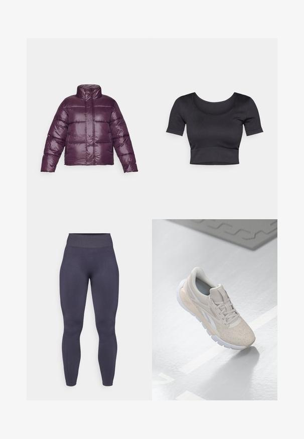 Chaqueta de plumas púrpura con cuello alto, diseño acolchado y acabado brillante. Presenta mangas largas y una silueta corta.; Top corto negro de canalé con mangas cortas, cuello redondo amplio y una banda ajustada en la parte inferior. Textura suave, diseño informal.; Leggings de tiro alto y ajustados en gris oscuro con una cinturilla texturizada y acanalada y una tela suave. Presentan un diseño sin costuras y sin herrajes visibles.; Zapatilla deportiva de color beige claro con parte superior perforada, acentos texturizados, cuello acolchado y suela de goma blanca, diseñada para la comodidad y la transpirabilidad.