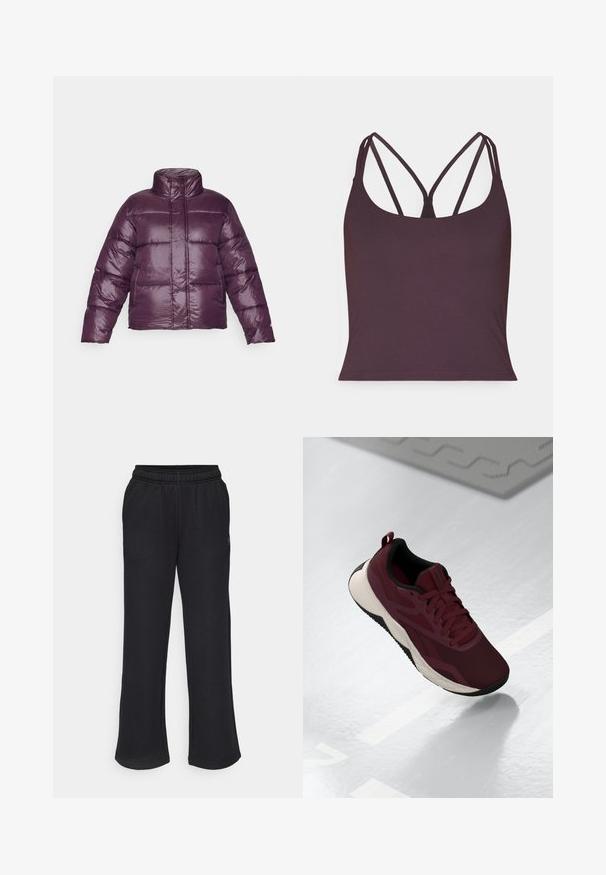 Ljubičasta jakna s punjenjem visokog ovratnika, prošivanim dizajnom i sjajnim finišem. Ima duge rukave i skraćeni kroj.; Tamno ljubičasti top bez rukava napravljen od glatke tkanine, sa tankim dvostrukim trakama i zaobljenim izrezom. Bezšavna donja ivica.; Crne trenirke s razvedrenim oblikom, elastičnim pojasom i bočnim džepovima. Izrađene od mekog materijala bez vidljivih uzoraka ili akcenta.; Bordo atletska cipela s mrežastim gornjim dijelom, crnim akcentima i podloženim bijelim potplatom. Ima sustav vezanja i pomoćnu petlju na peti.
