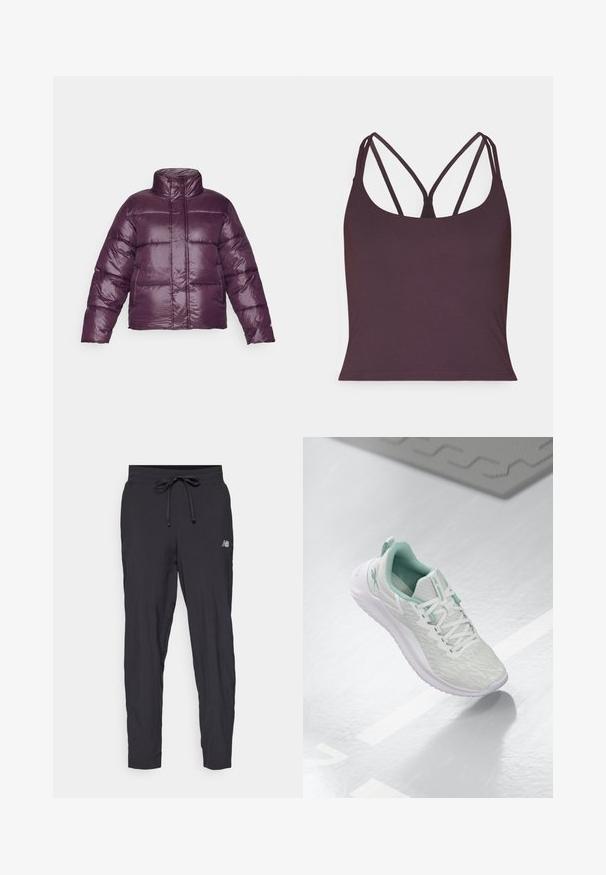 Doudoune violette avec un col haut, un design matelassé et une finition brillante. Elle a des manches longues et une silhouette courte.; Débardeur violet foncé en tissu lisse avec de fines bretelles doubles et un col arrondi. Ourlet sans coutures au bas.; Pantalons de jogging noirs en matériau léger avec une taille élastique et un cordon de serrage ajustable. Présente un petit logo sur le côté.; Baskets de sport gris clair avec un dessus en maille texturée, accents vert menthe, lacets blancs, semelle en caoutchouc et une languette au talon.