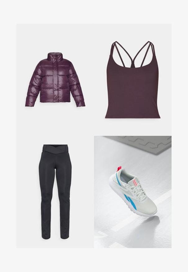 Fialová péřová bunda s vysokým límcem, prošívaným designem a lesklým povrchem. Obsahuje dlouhé rukávy a zkrácený siluetu.; Tmavě fialový tílko vyrobené z hladkého materiálu, které má tenké dvojité ramínka a kulatý výstřih. Bezšvový lem na spodní části.; Černé sportovní legíny s vysokým pasem a kříženým páskem, bez švů a štíhlého střihu, navržené pro cvičení nebo volný čas.; Bílé a modré tenisky Reebok s červeným poutkem plovoucí nad lesklou podlahou, poblíž se nachází šedá gumová podložka.